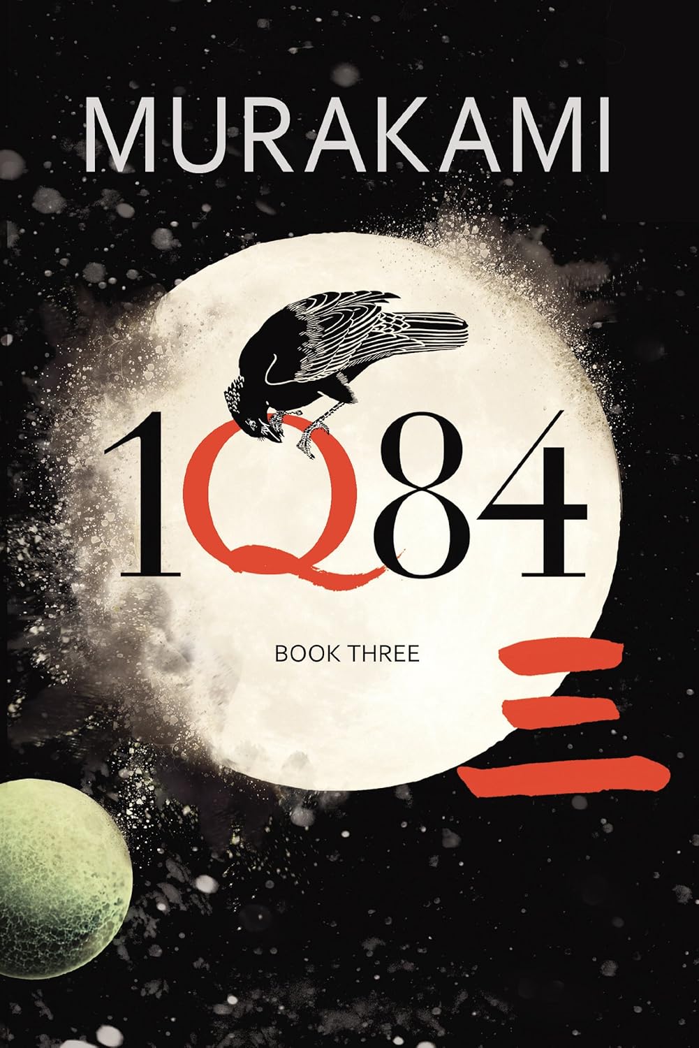 Book cover of '1Q84' by Haruki Murakami with a black and white design featuring a crow and celestial elements.Now In Bangladesh.