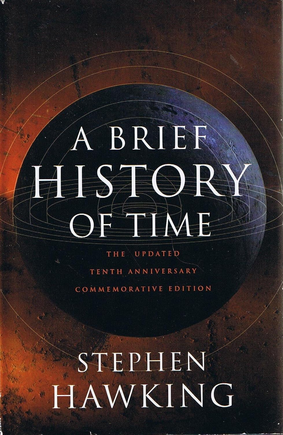 Book cover of 'A Brief History of Time' by Stephen Hawking with a dark background and title text.