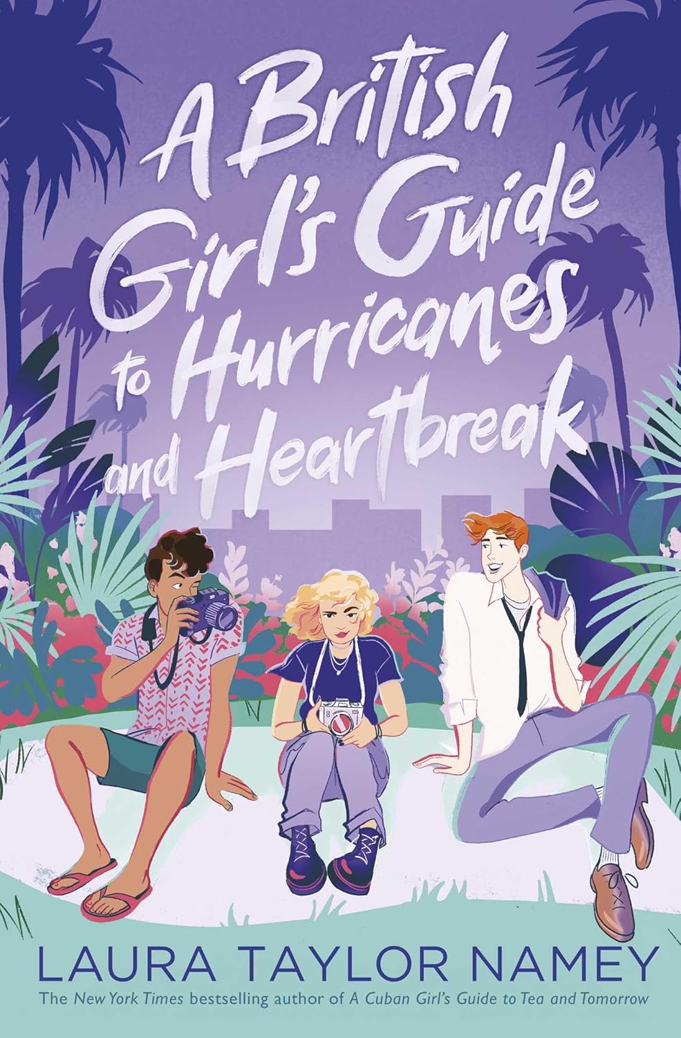 Book cover of 'A British Girl's Guide to Hurricanes and Heartbreak' with three characters sitting on a beach.