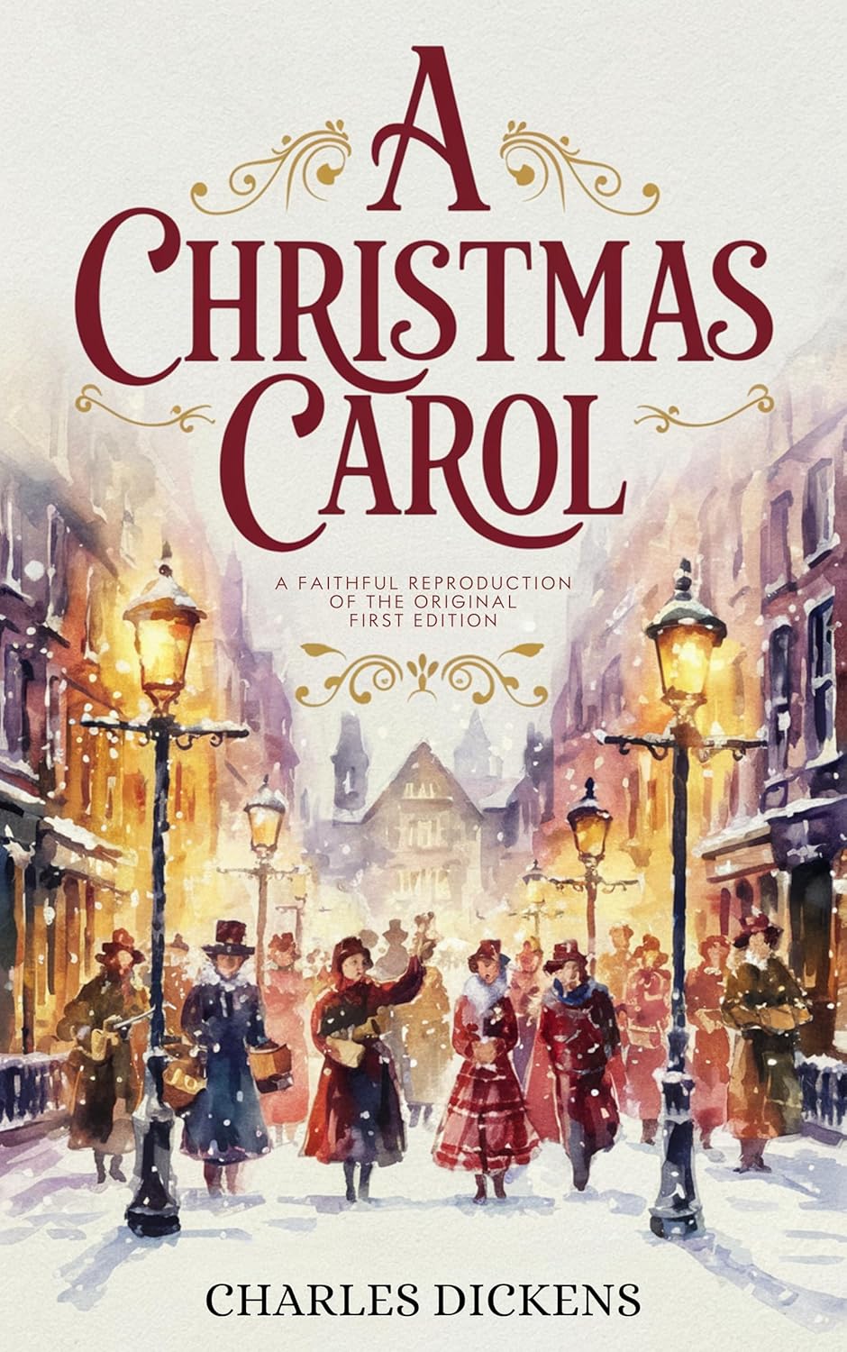 A Christmas Carol book cover by Charles Dickens, classic Christmas novella featuring Ebenezer Scrooge and festive Victorian artwork