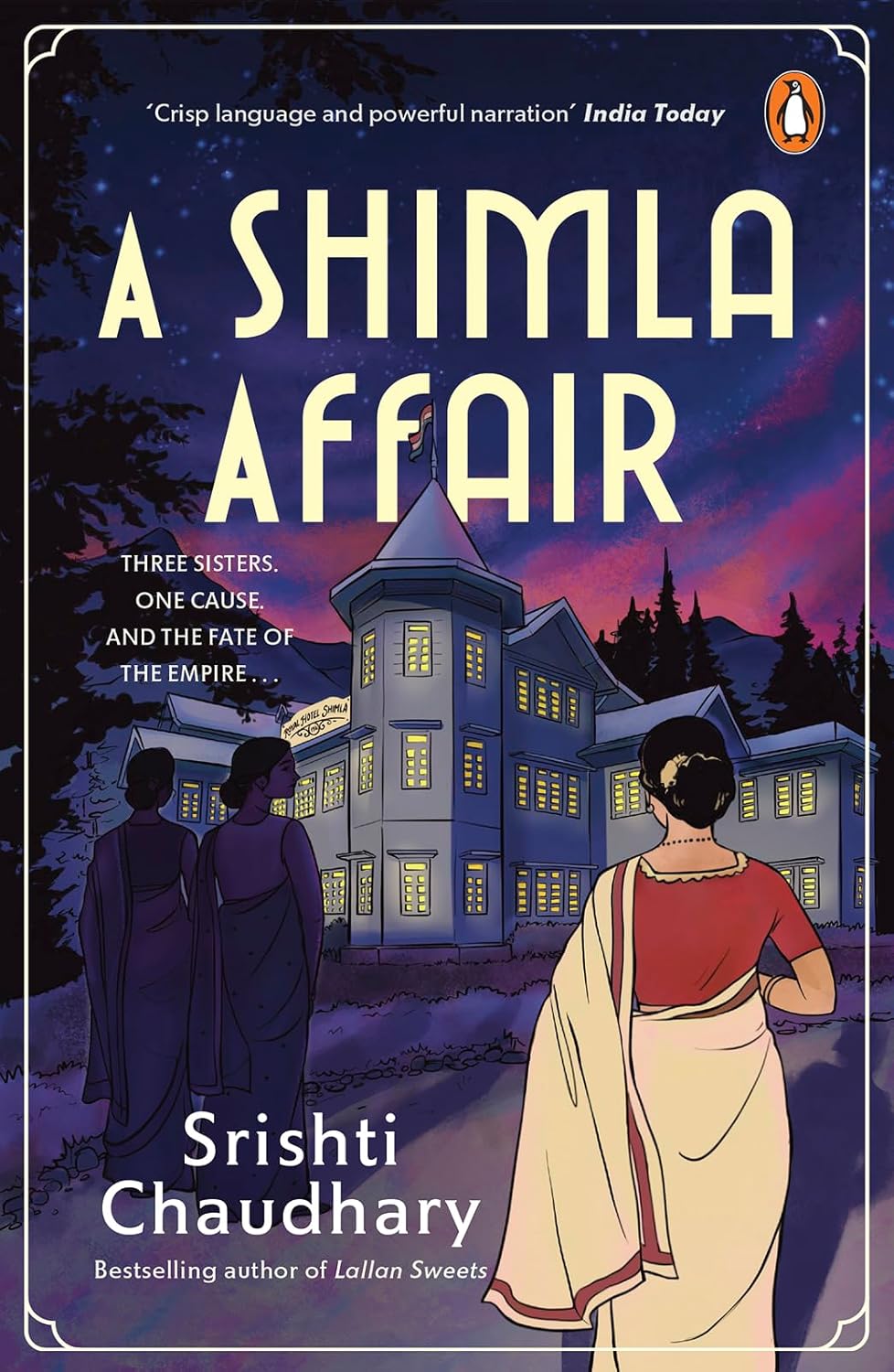 Book cover of 'A Shimla Affair' with a castle and people silhouetted against a night sky.