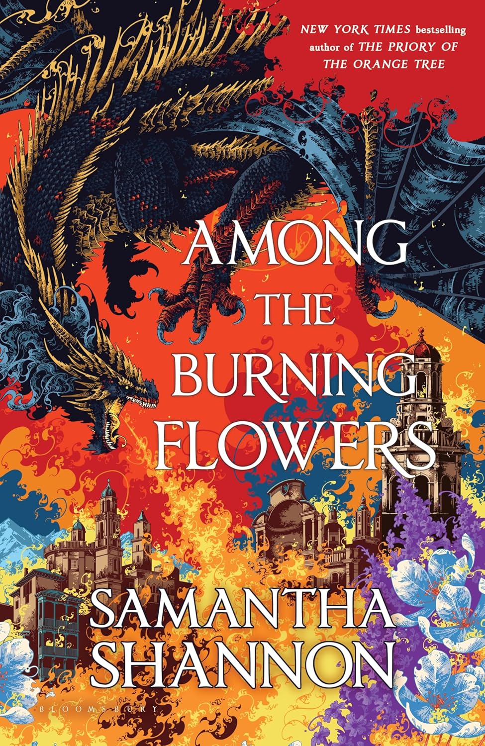 Book cover of 'Among the Burning Flowers' with dragons and architectural elements.Bookish Wonderland helps readers across Bangladesh order books for everyday reading online with urgent delivery options in Dhaka and a focus on clear print with strong binding.
