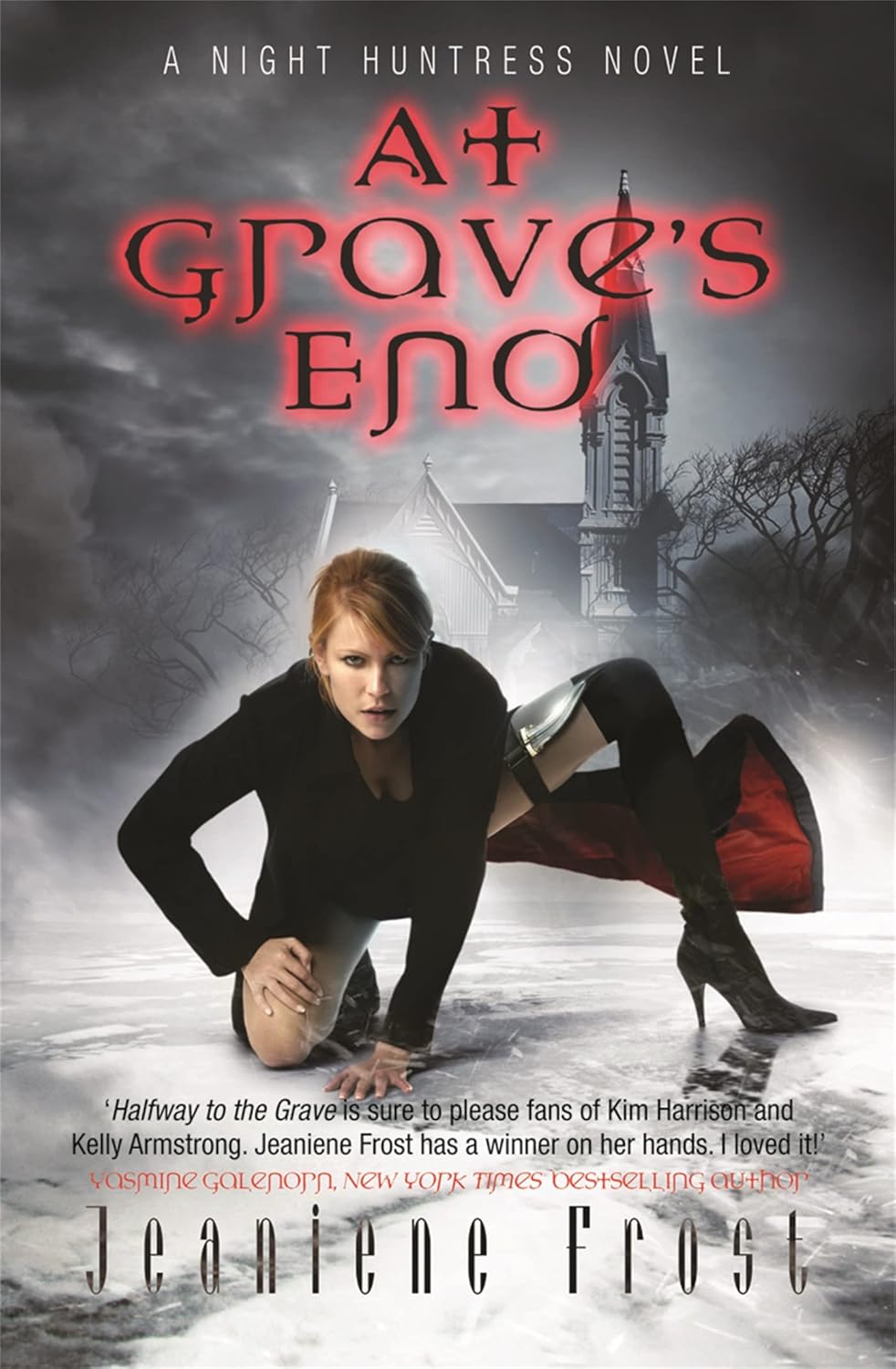 Book cover for 'At Grave's End' by Jeaniine Frost, featuring a woman in a black outfit and red cape crouching in a snowy scene with a gothic tower in the background. Bookish Wonderland provides urgent book delivery in Dhaka, Bangladesh.