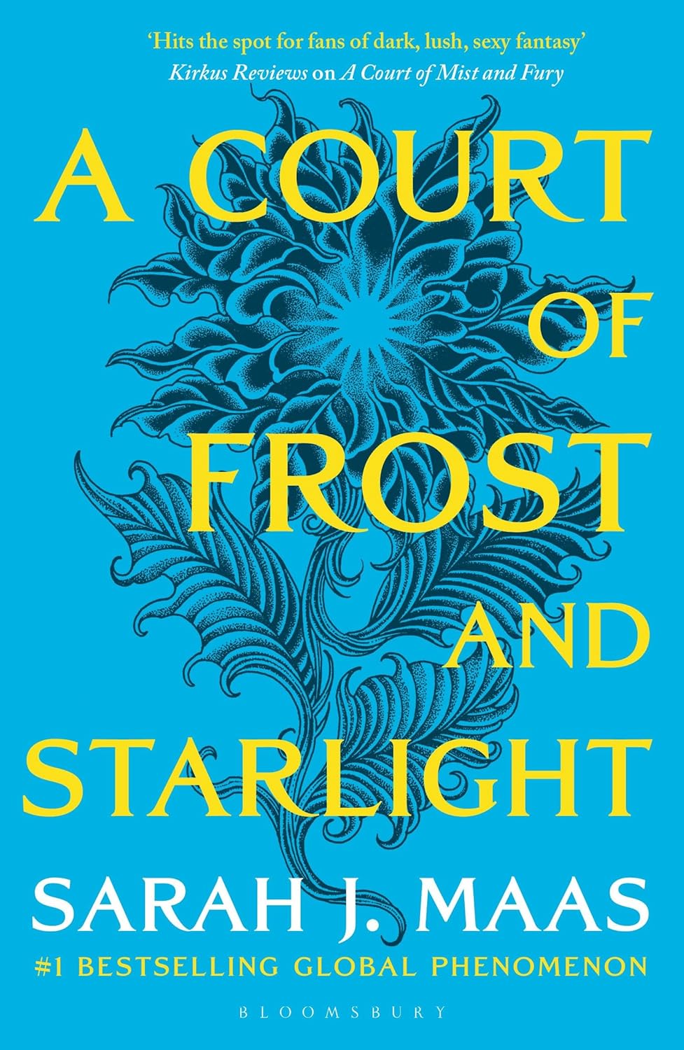 A Court of Frost and Starlight book cover by Sarah J. Maas featuring Feyre, Rhysand, and the Night Court in a cozy fantasy romance