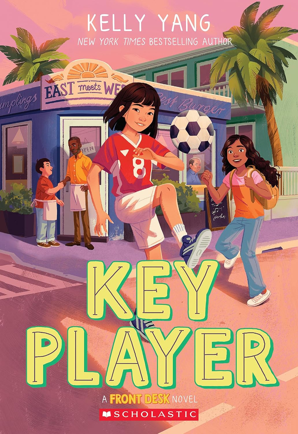 Book cover of 'Key Player' by Kelly Yang featuring a girl playing soccer in front of a fast food restaurant. Bookish Wonderland is dedicated to quality and service in Bangladesh.