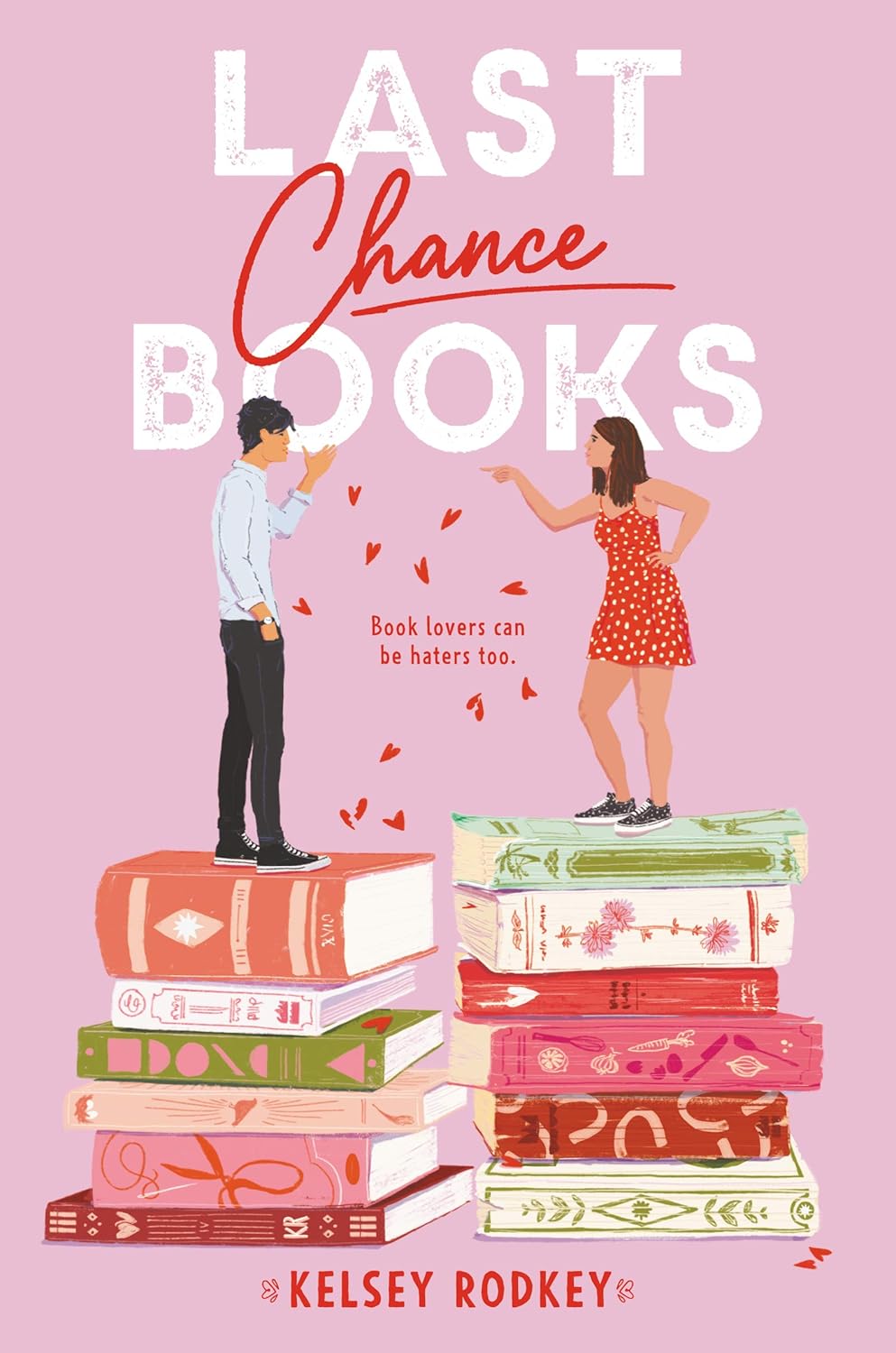 Book cover of 'Last Chance Books' by Kelsey Rodkey with a stylized illustration of two people on books against a pink background. Bookish Wonderland serves readers across Bangladesh with reader-friendly printed books, making it simple to choose online through urgent delivery options in Dhaka and durable stitched-and-glue binding.