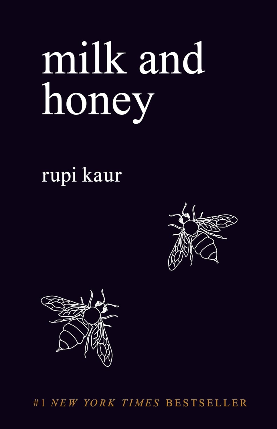 Book cover of 'milk and honey' by Rupi Kaur with bee illustrations on a black background. Online shoppers across Bangladesh can shop for premium-quality books at Bookish Wonderland with urgent delivery options in Dhaka and editions featuring high-quality stitched and glue binding.