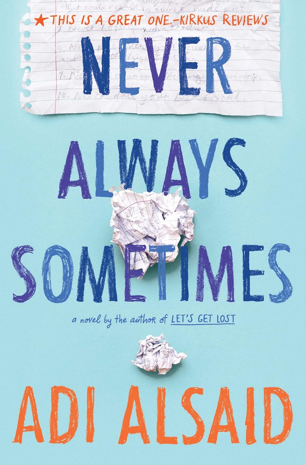 Book cover of Never Always Sometimes by Adi Alsaid, featuring handwritten navy blue and orange typography, crumpled paper illustrations, and torn notebook paper against a light turquoise background. Customers seeking reader-friendly printed books across Bangladesh can get them through Bookish Wonderland, supported by online ordering with home delivery and premium eye-soothing cream paper.