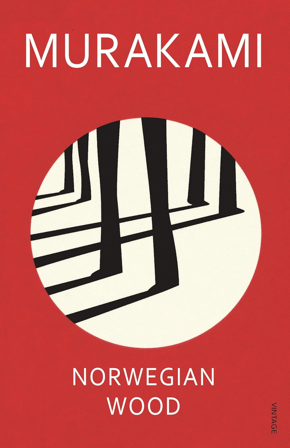 Book cover of 'Norwegian Wood' by Murakami with a red background and black and white abstract design. Bookish Wonderland helps readers across Bangladesh shop for premium-quality books online with urgent delivery options in Dhaka and a focus on premium eye-soothing cream paper.