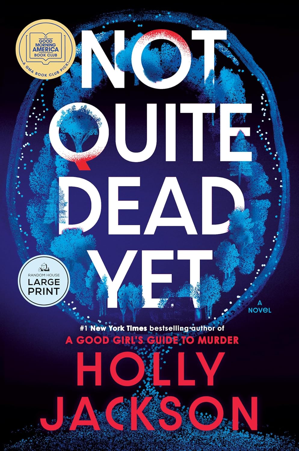 Book cover of 'Not Quite Dead Yet' by Holly Jackson with a dark background and blue abstract design. Bookish Wonderland helps readers across Bangladesh order quality English books online with fast delivery options in Dhaka and a focus on sharp text and durable binding.