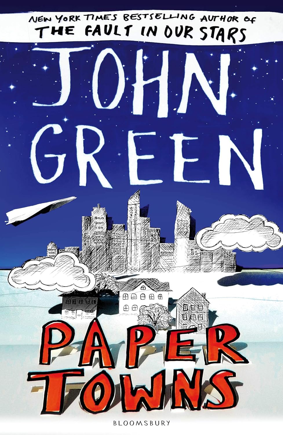 Book cover of 'Paper Towns' by John Green with a cityscape and airplane illustration. For online book buying across Bangladesh, Bookish Wonderland lets readers get quality English books with convenient delivery across Bangladesh and attention to premium eye-soothing cream paper.