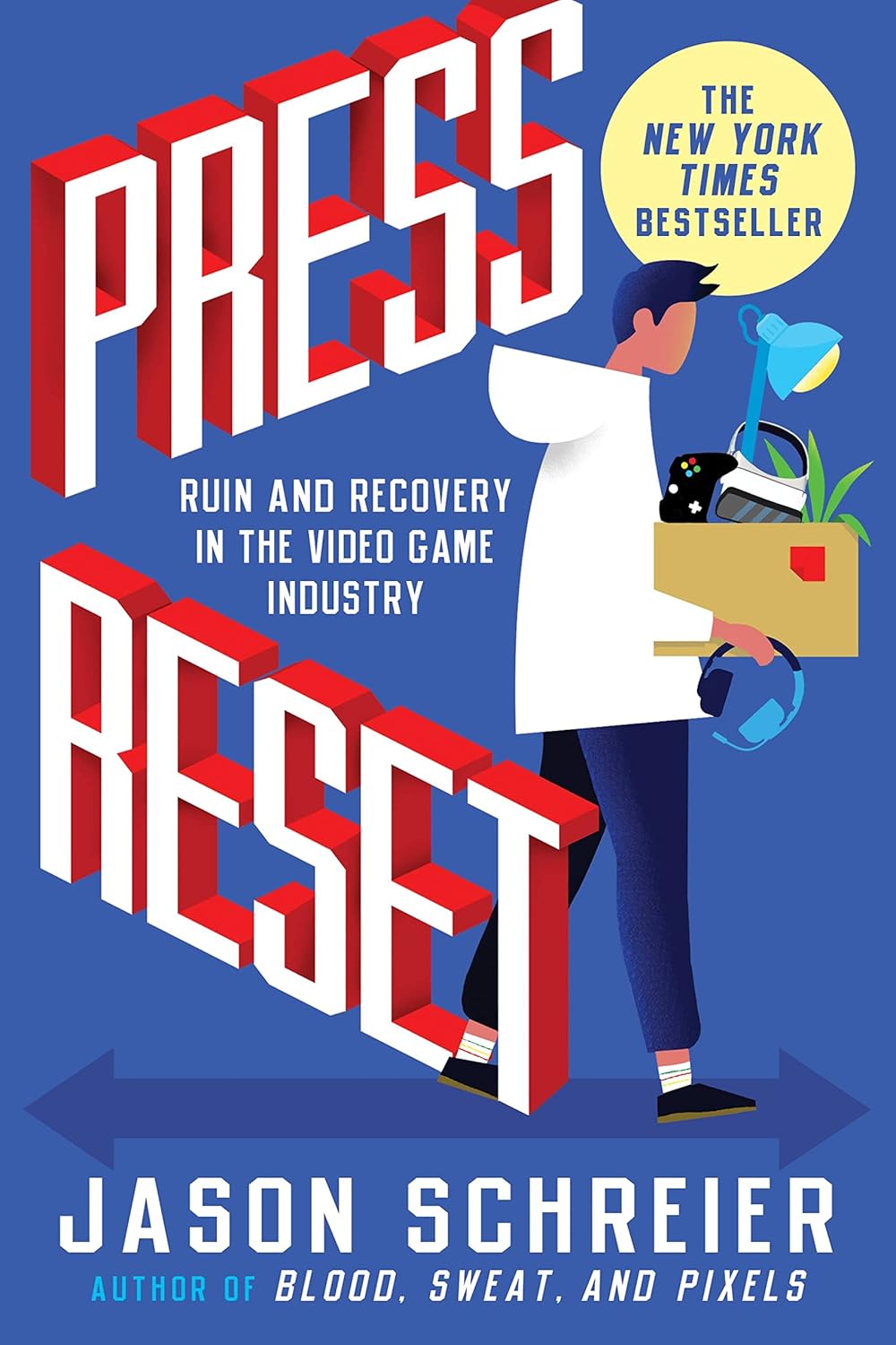 Book cover of 'Press Reset' by Jason Schreier with a person carrying boxes against a blue background. For customers across Bangladesh, Bookish Wonderland makes it easier to purchase quality English books through fast delivery options in Dhaka and durable stitched-and-glue binding.