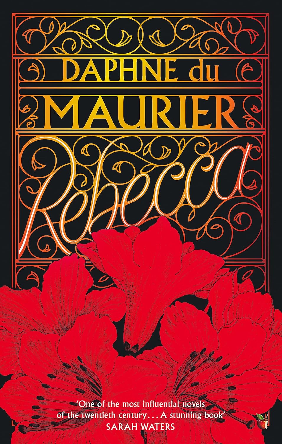 Book cover of 'Rebecca' by Daphne du Maurier with decorative text and red floral design on a black background. For customers across Bangladesh, Bookish Wonderland makes it easier to discover premium-quality books through customer-friendly ordering and delivery and crystal-clear print.