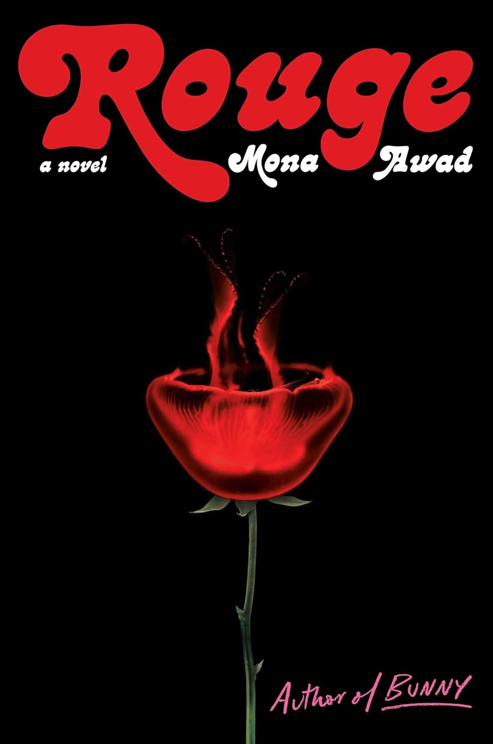 Book cover of 'Rouge' by Mona Awad with a red rose on a black background. Customers seeking premium-quality books across Bangladesh can discover them through Bookish Wonderland, supported by online ordering with home delivery and high-quality stitched and glue binding.