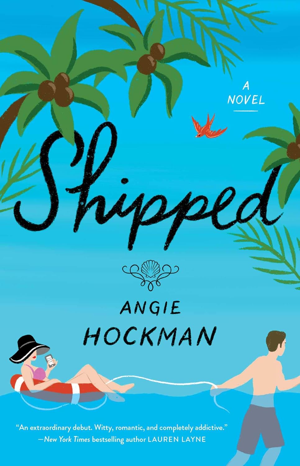 Book cover of 'Shipped' by Angie Hockman with a blue background, palm trees, and two people on a raft. Book buyers across Bangladesh can choose quality English books from Bookish Wonderland, combining nationwide delivery with sharp text and durable binding.