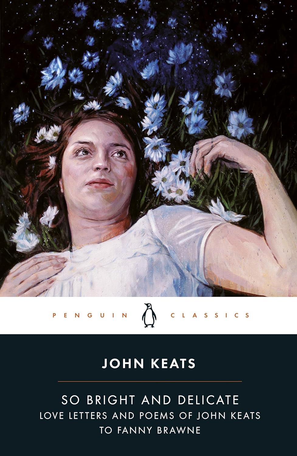 So Bright and Delicate by John Keats Penguin Classics book cover, featuring a woman lying among blue and white flowers, with the subtitle Love Letters and Poems of John Keats to Fanny Brawne. Bookish Wonderland helps readers across Bangladesh purchase durable printed books online with online ordering with home delivery and a focus on high-quality stitched and glue binding.
