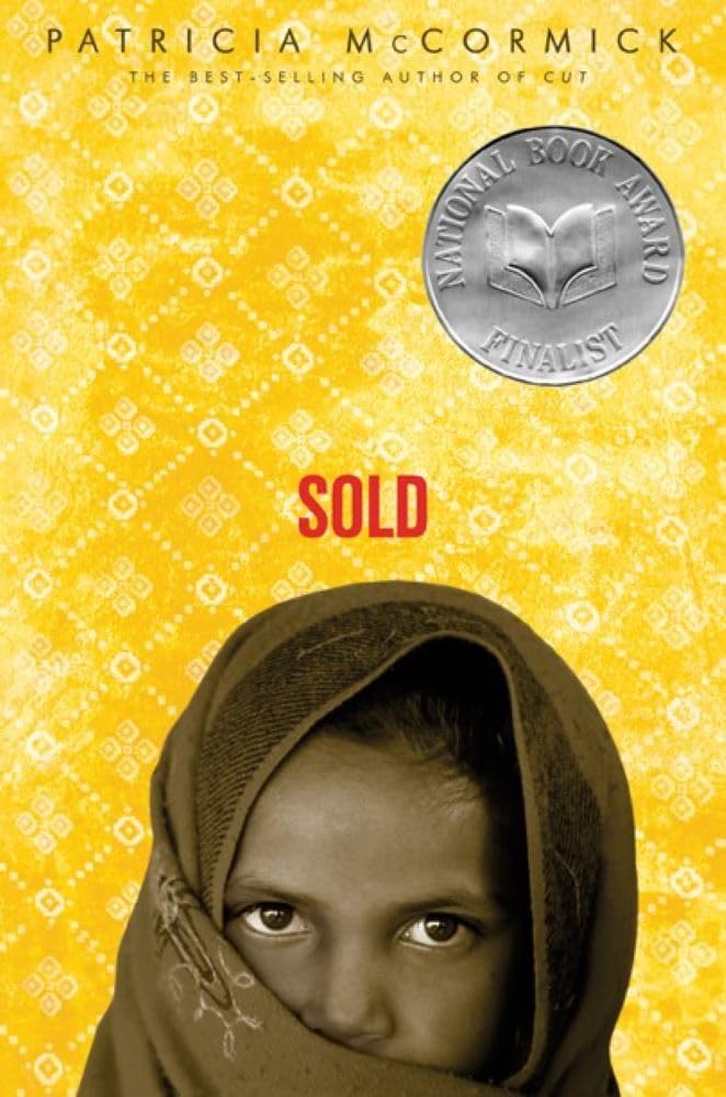 Book cover of 'Sold' by Patricia McCormick with a yellow background and a girl in a headscarf. Bookish Wonderland helps readers across Bangladesh buy quality English books online with delivery inside and outside Dhaka and a focus on clear print with strong binding.