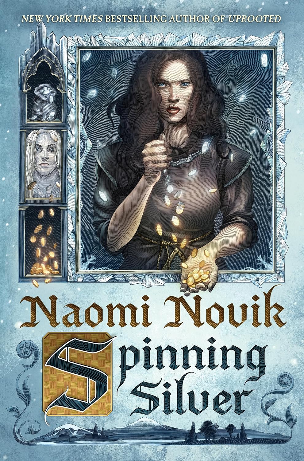 Book cover of 'Spinning Silver' by Naomi Novik featuring a woman holding glowing objects. For online book buying throughout Bangladesh, Bookish Wonderland lets readers find books for everyday reading with fast delivery options in Dhaka and attention to high-quality stitched and glue binding.