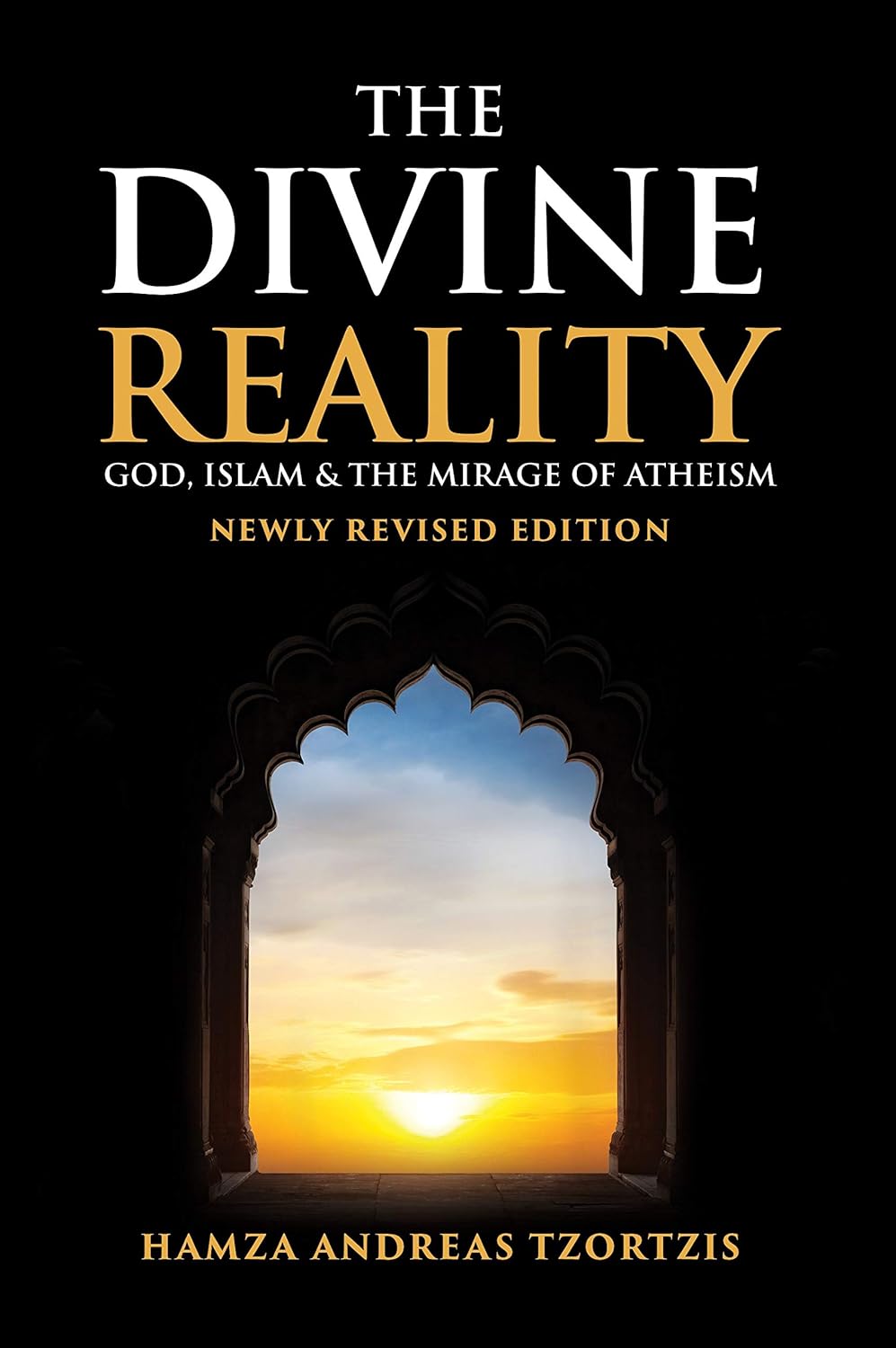 Book cover of 'The Divine Reality' with a sunset through an archway on a black background. available in bookish wonderland