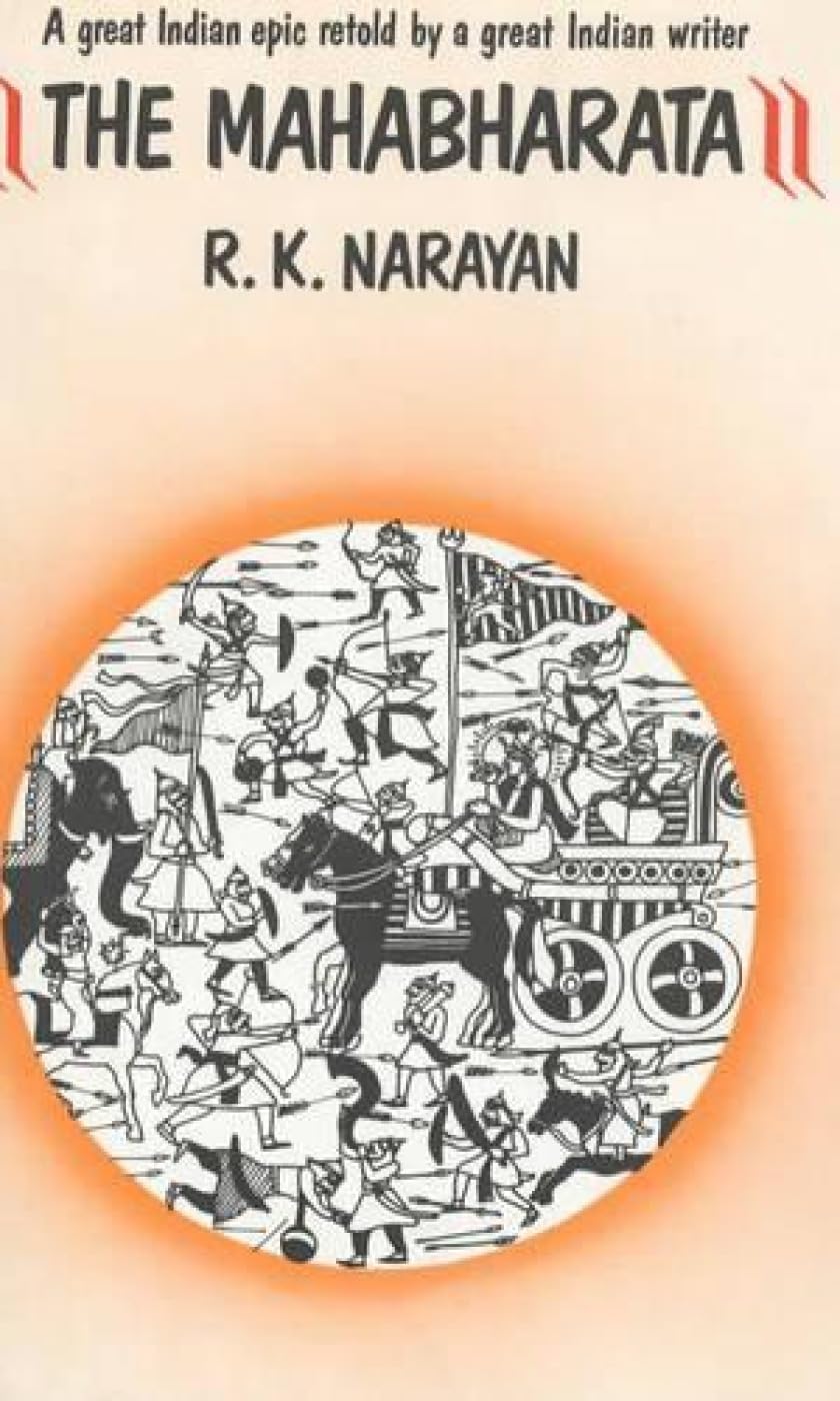 Book cover of 'The Mahabharata' by R.K. Narayan with an illustration of a chariot scene. Bookish Wonderland provides a convenient way for readers throughout Bangladesh to order durable printed books with fast delivery options in Dhaka and durable stitched-and-glue binding.