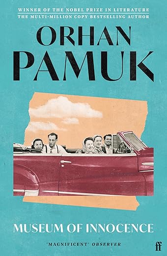 Book cover of 'Museum of Innocence' by Orhan Pamuk with a vintage car and people on a blue background. Bookish Wonderland supports book lovers throughout Bangladesh who want to buy quality English books, offering urgent delivery options in Dhaka plus reader-friendly cream paper.