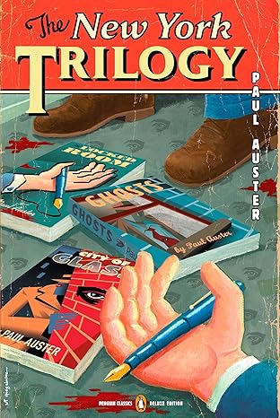 Book cover of 'The New York Trilogy' by Paul Auster with books and a hand holding a pen. Bookish Wonderland provides a convenient way for readers across Bangladesh to purchase premium-quality books with Cash on Delivery across Bangladesh and durable stitched-and-glue binding.