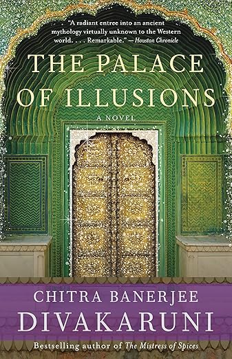 Book cover of 'The Palace of Illusions' by Chitra Banerjee Divakaruni with decorative green door design. Get now in bd.