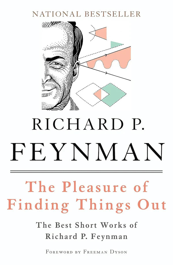 Book cover of 'The Pleasure of Finding Things Out' by Richard P. Feynman with a stylized portrait and geometric shapes .Book buyers across Bangladesh can purchase printed English books from Bookish Wonderland, combining urgent delivery options in Dhaka with crystal-clear print.