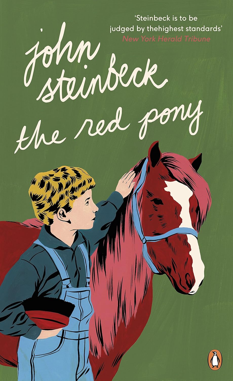 Book cover of 'The Red Pony' by John Steinbeck featuring a boy and a red horse illustration.