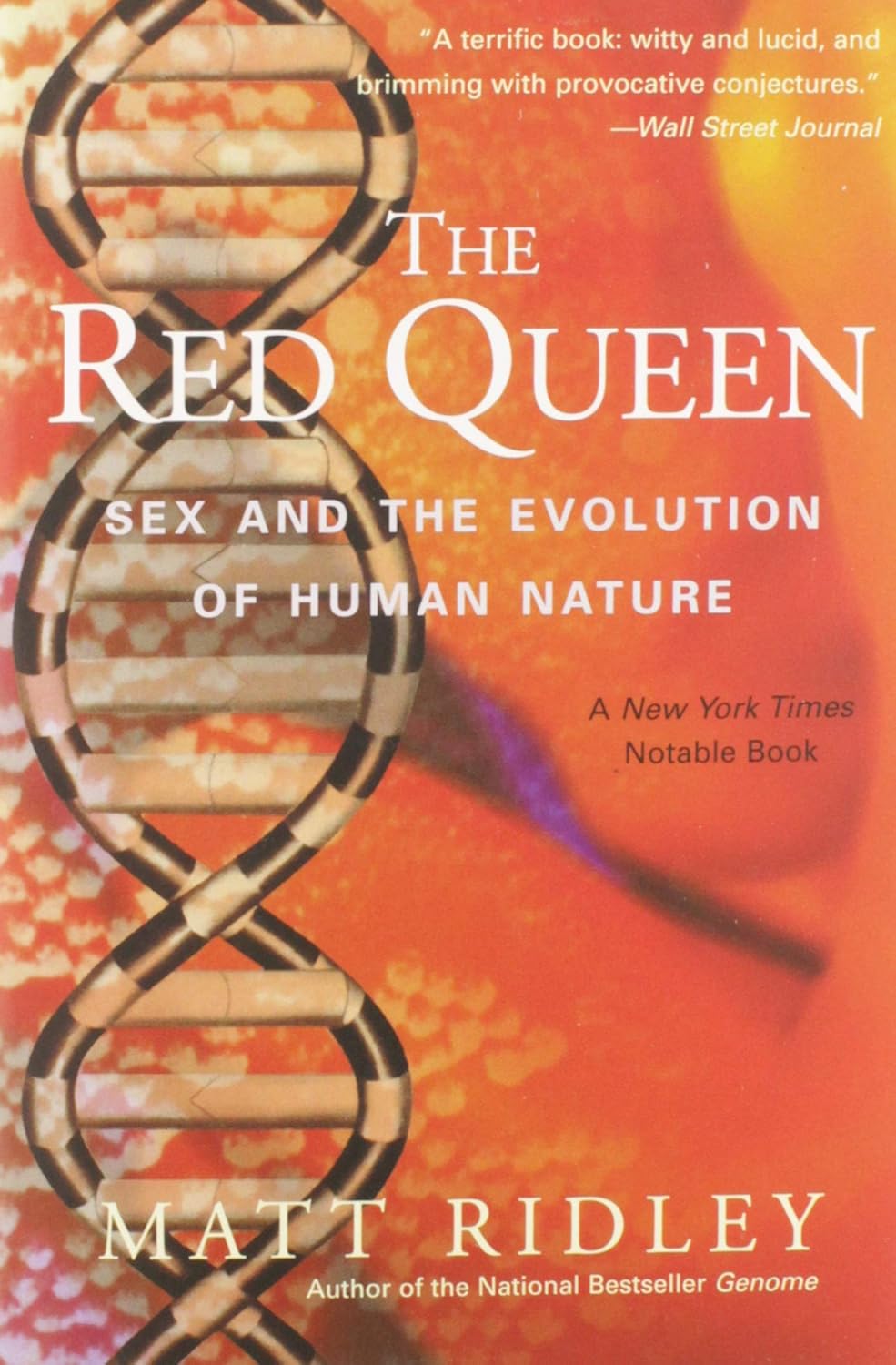Book cover of 'The Red Queen' by Matt Ridley with a DNA double helix on an orange background.