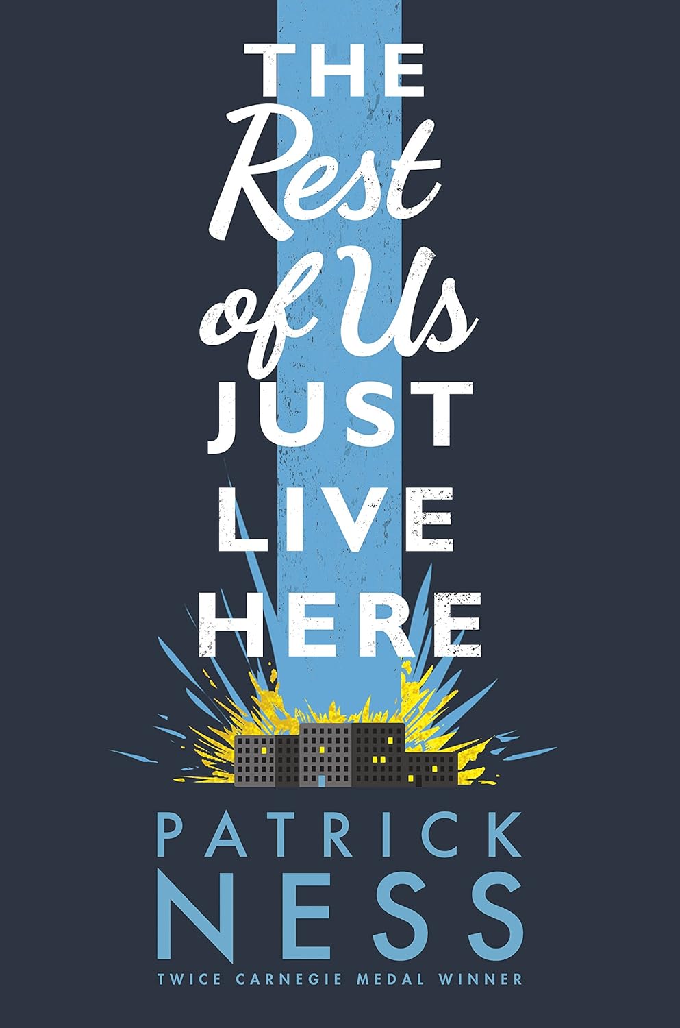 Book cover of 'The Rest of Us Just Live Here' by Patrick Ness with a blue and yellow design. Book buyers across Bangladesh can find books for study and leisure from Bookish Wonderland, combining convenient delivery across Bangladesh with crystal-clear print.
