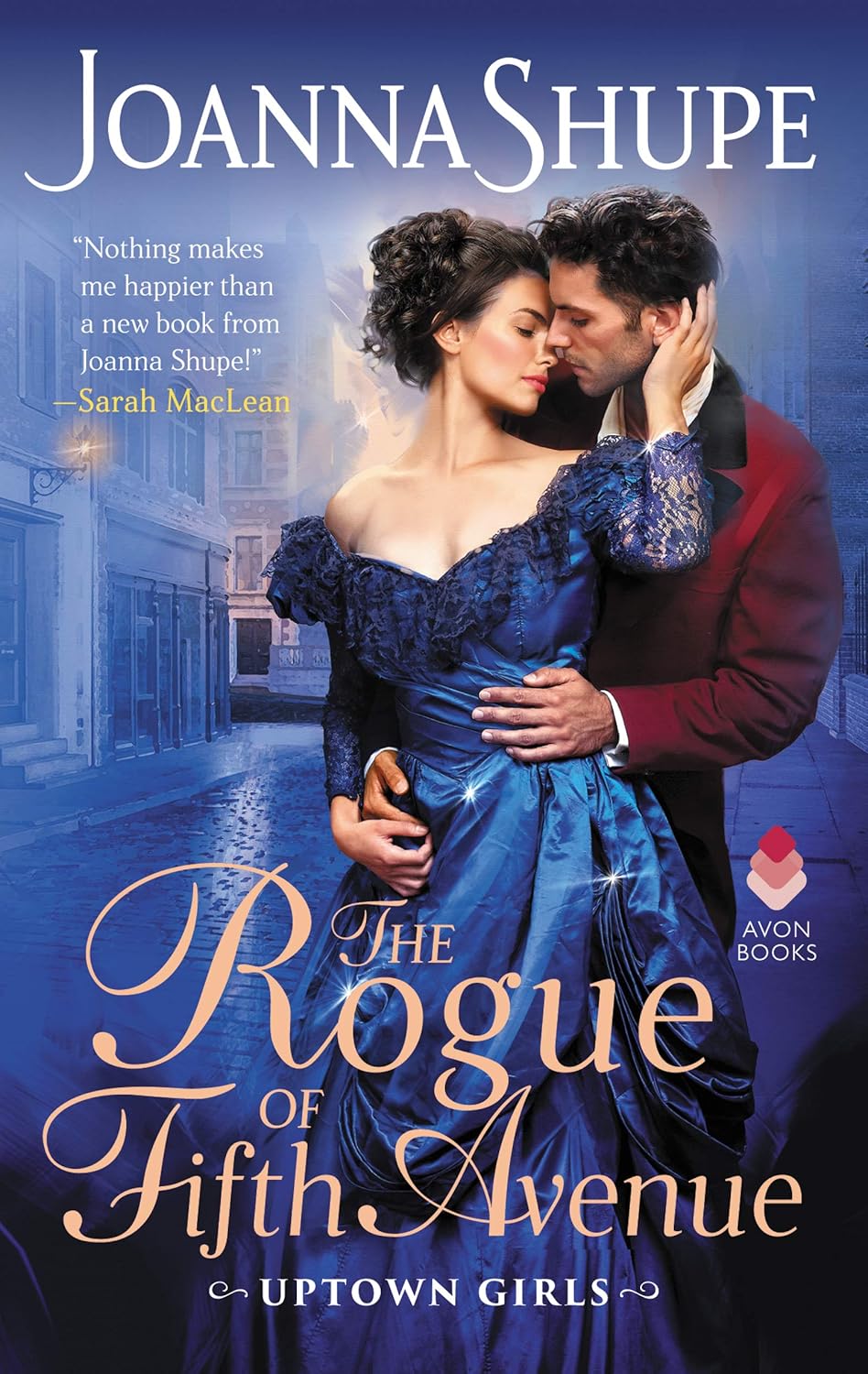 Book cover of 'The Rogue of Fifth Avenue' by Joanna Shupe with a couple embracing.