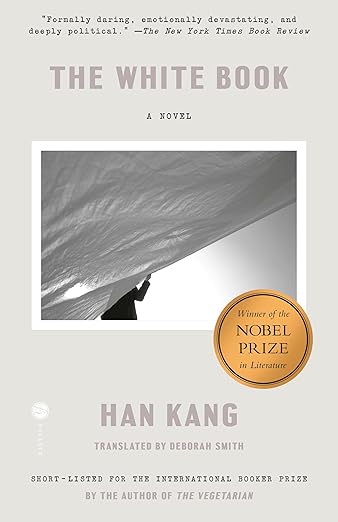 Book cover of 'The White Book' by Han Kang with a silhouette and landscape illustration.