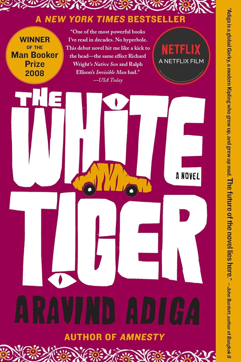 Book cover of 'The White Tiger' by Aravind Adiga with a purple background and yellow tiger illustration. Book price in Bangladesh