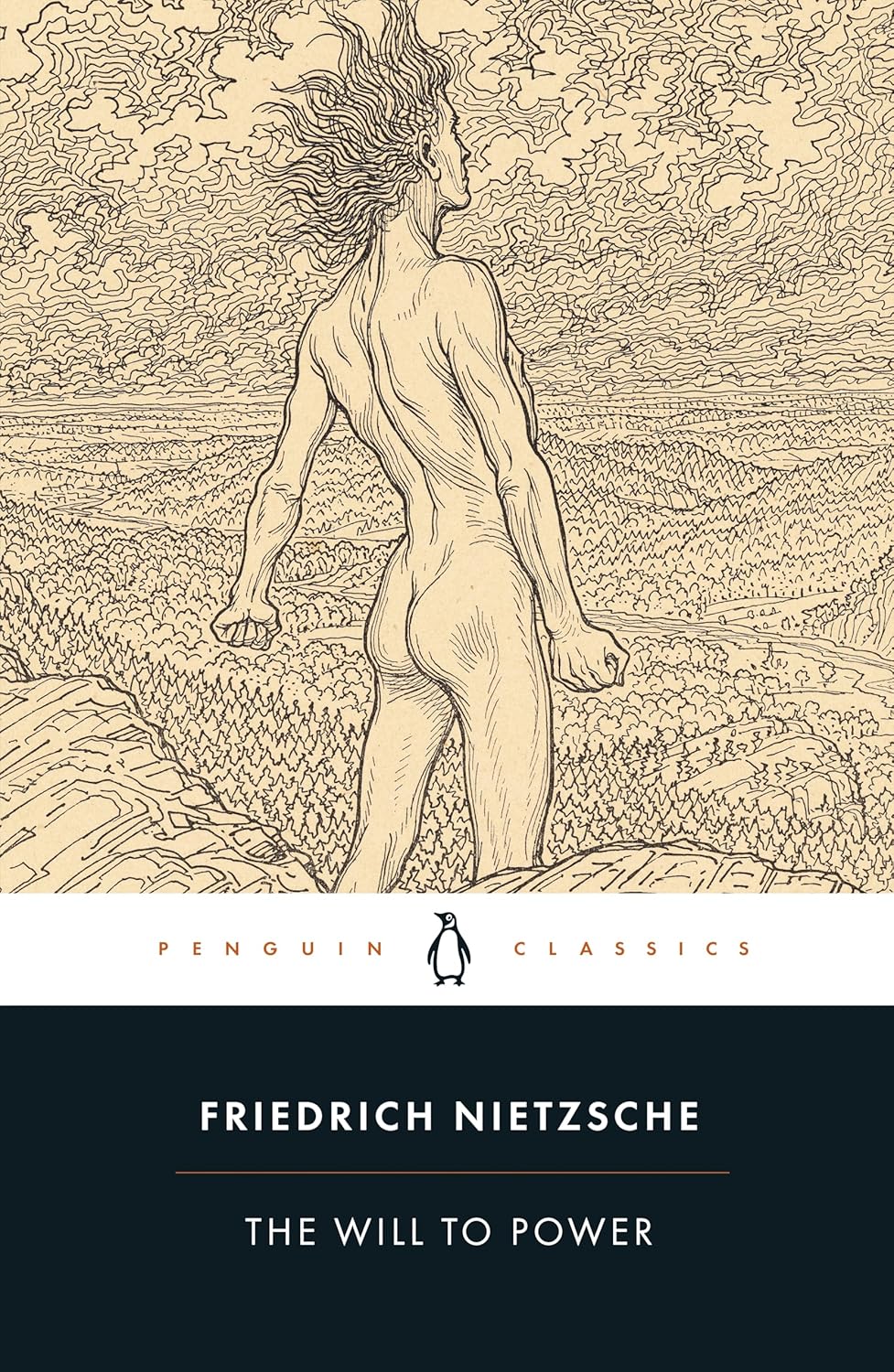 Book cover of 'The Will to Power' by Friedrich Nietzsche with a stylized illustration of a man on a mountain which is available in Bookish Wonderland.