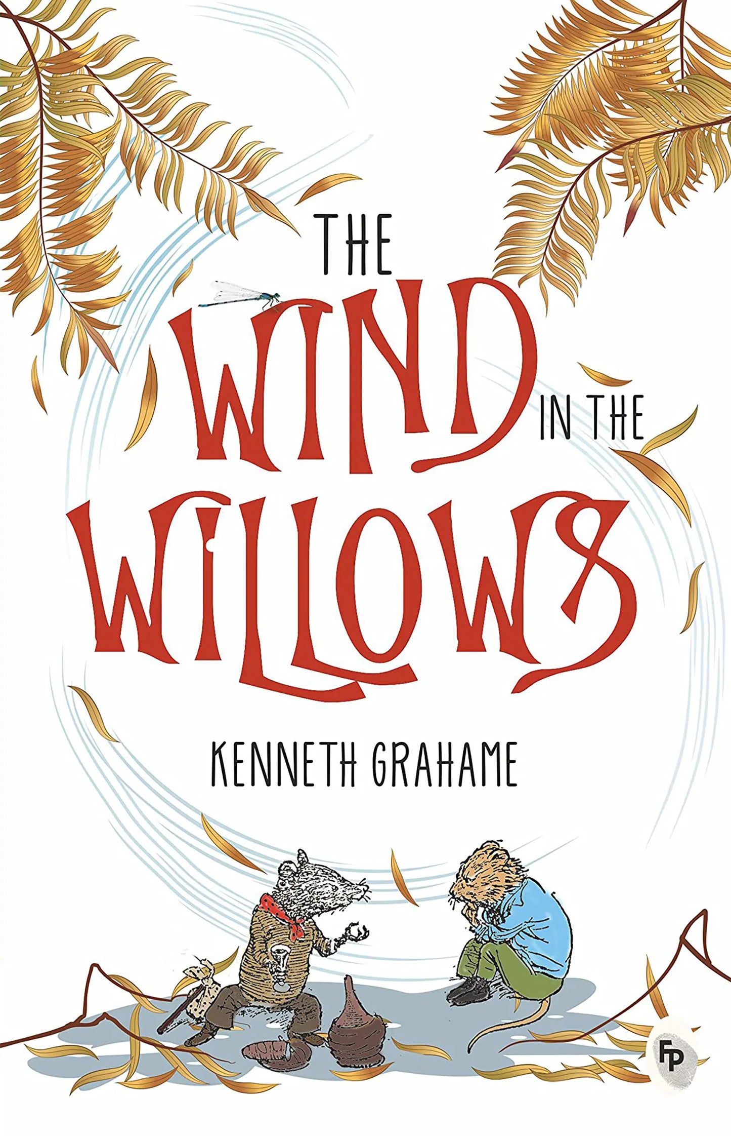 Book cover of 'The Wind in the Willows' by Kenneth Grahame with illustrations of two animals and autumn leaves which is available in Bookish Wonderland.