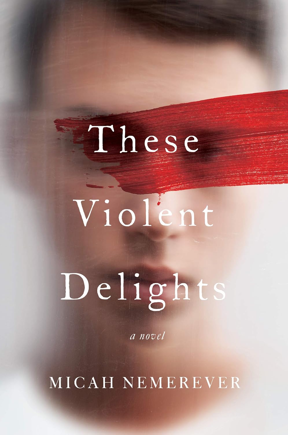 Book cover of 'These Violent Delights' by Micah Nemerover with a blurred face and red streak.