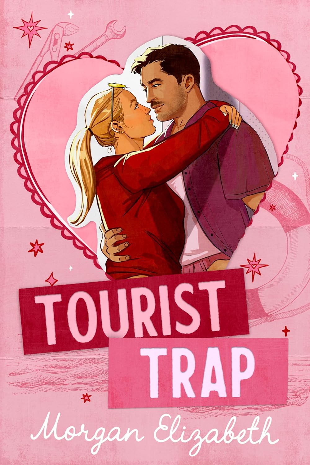 Book cover of 'Tourist Trap' by Morgan Elizabeth with a couple embracing on a pink background.