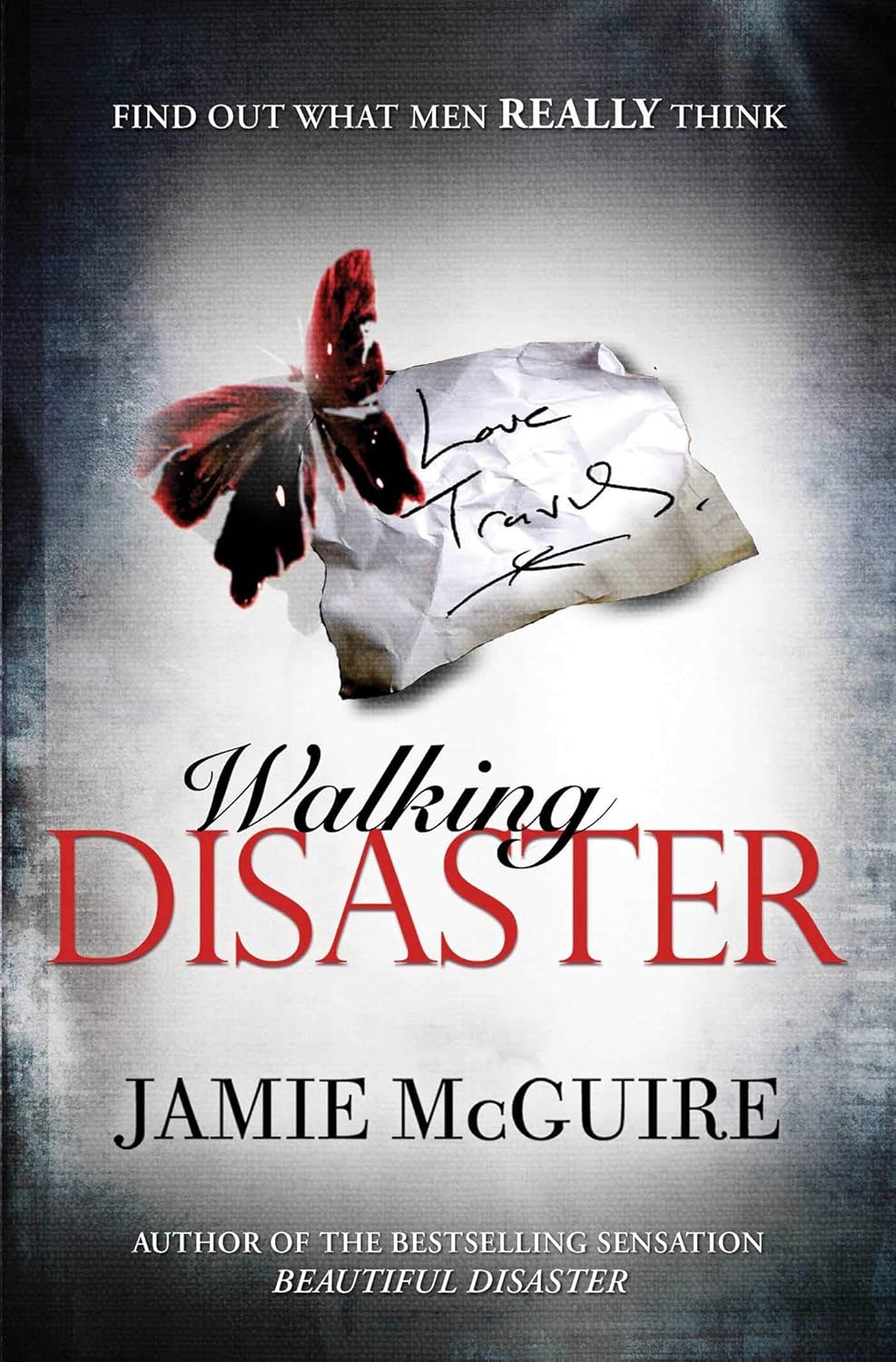 Book cover of 'Walking Disaster' by Jamie McGuire with a feather pen and paper. book in BD