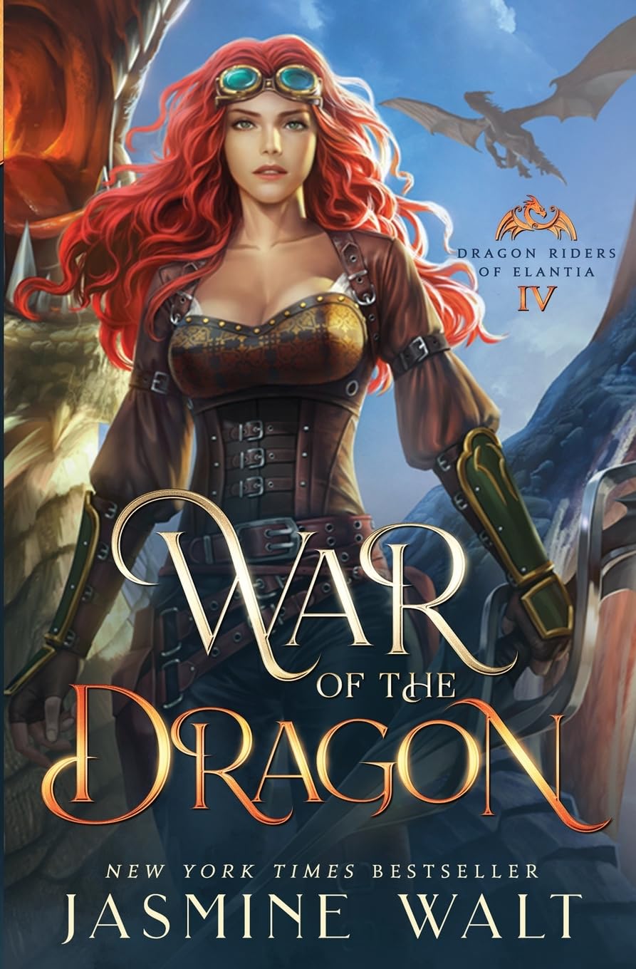 Book cover of 'War of the Dragon' by Jasmine Walt featuring a woman with red hair and steampunk attire which is available in Bookish Wonderland.
