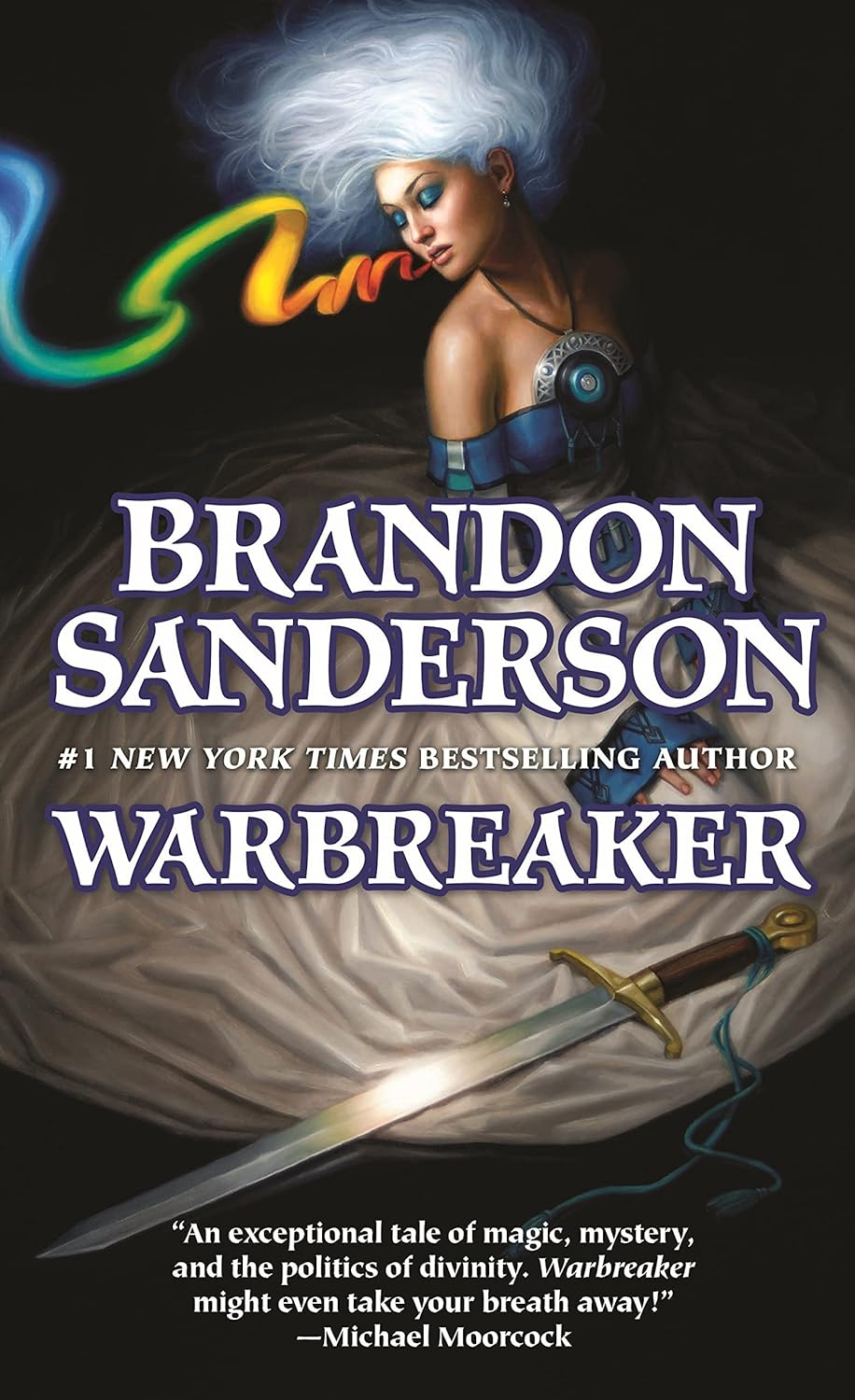 Book cover of 'Warbreaker' by Brandon Sanderson featuring a character with a sword which is available in Bangladesh.