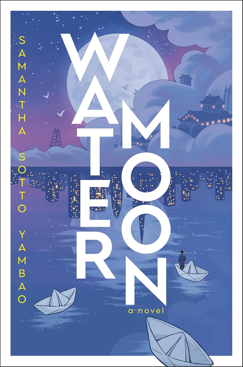 Book cover of 'Waterborn' by Samantha Sotto Yambao with a stylized illustration of boats and a moonlit sky. Bookish Wonderland provides premium cream paper books in Bangladesh.