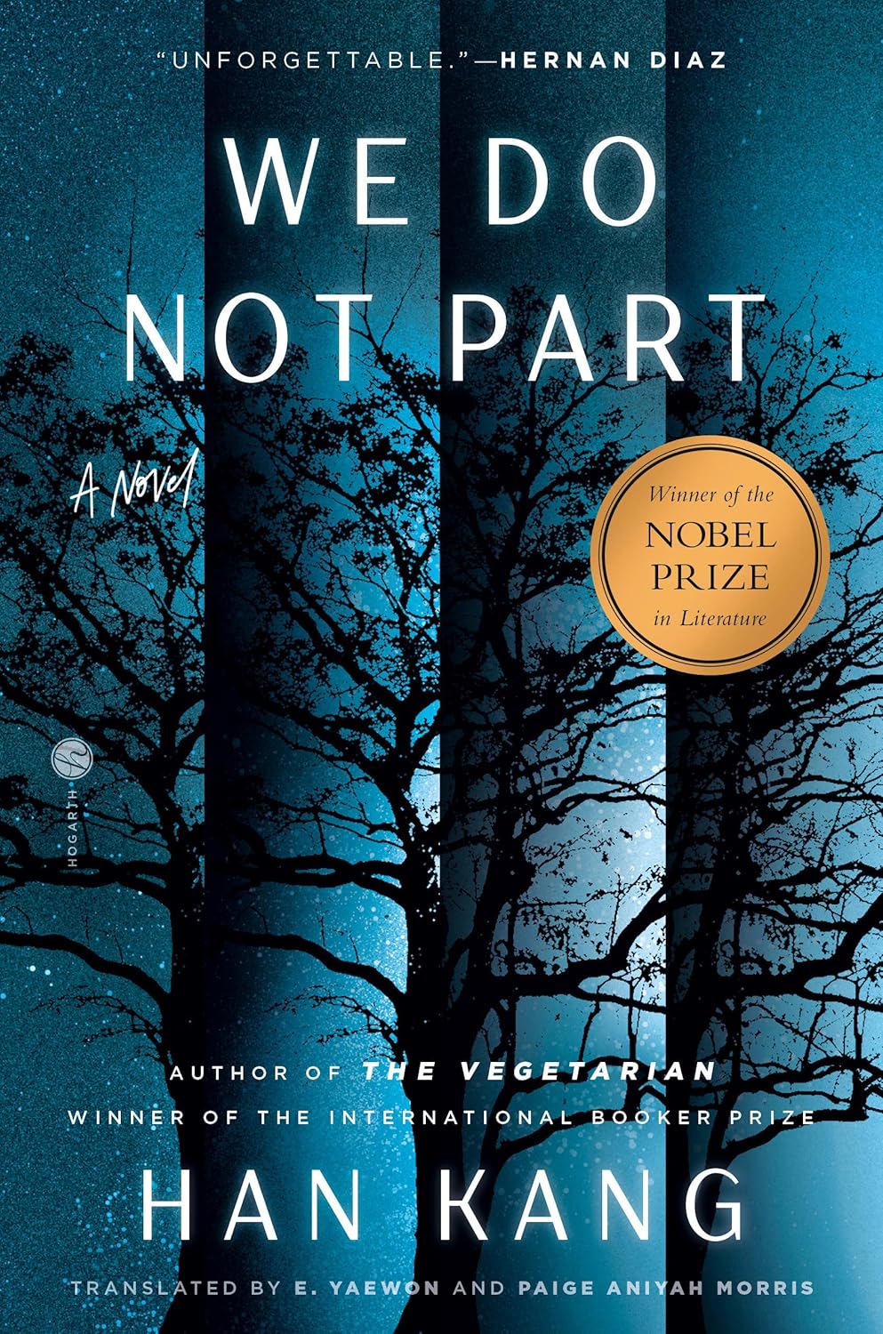 Book cover of 'We Do Not Part' by Han Kang with trees and blue gradient background