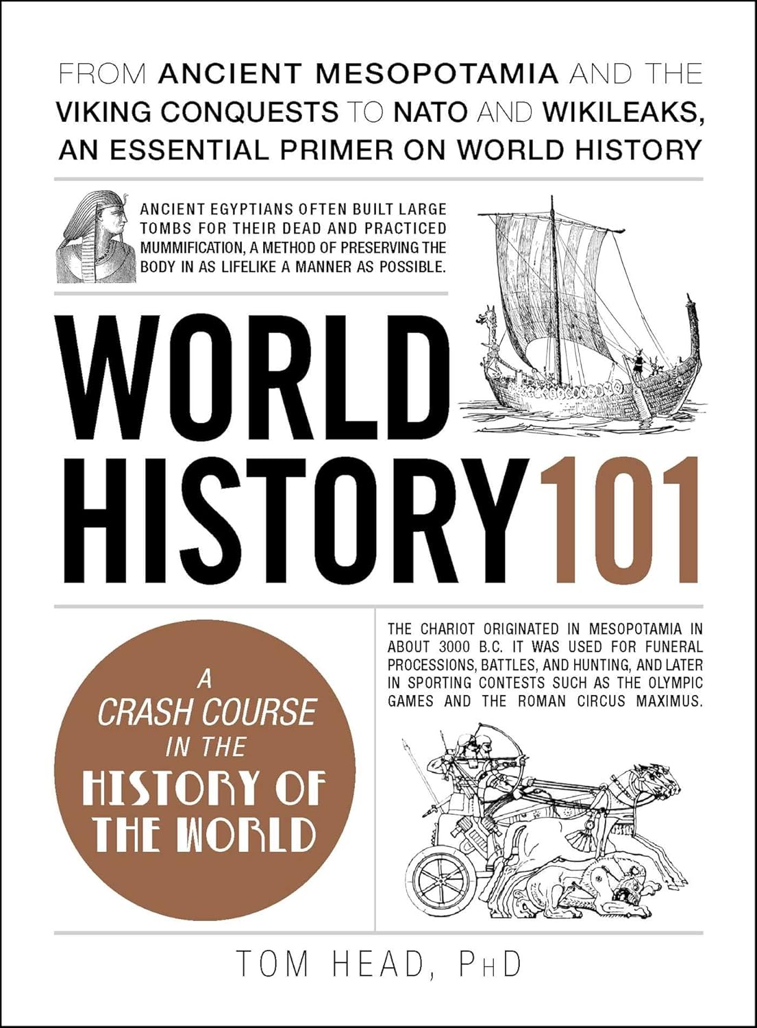 Book cover of 'World History 101' by Tom Head with illustrations of a ship and chariot in bd.