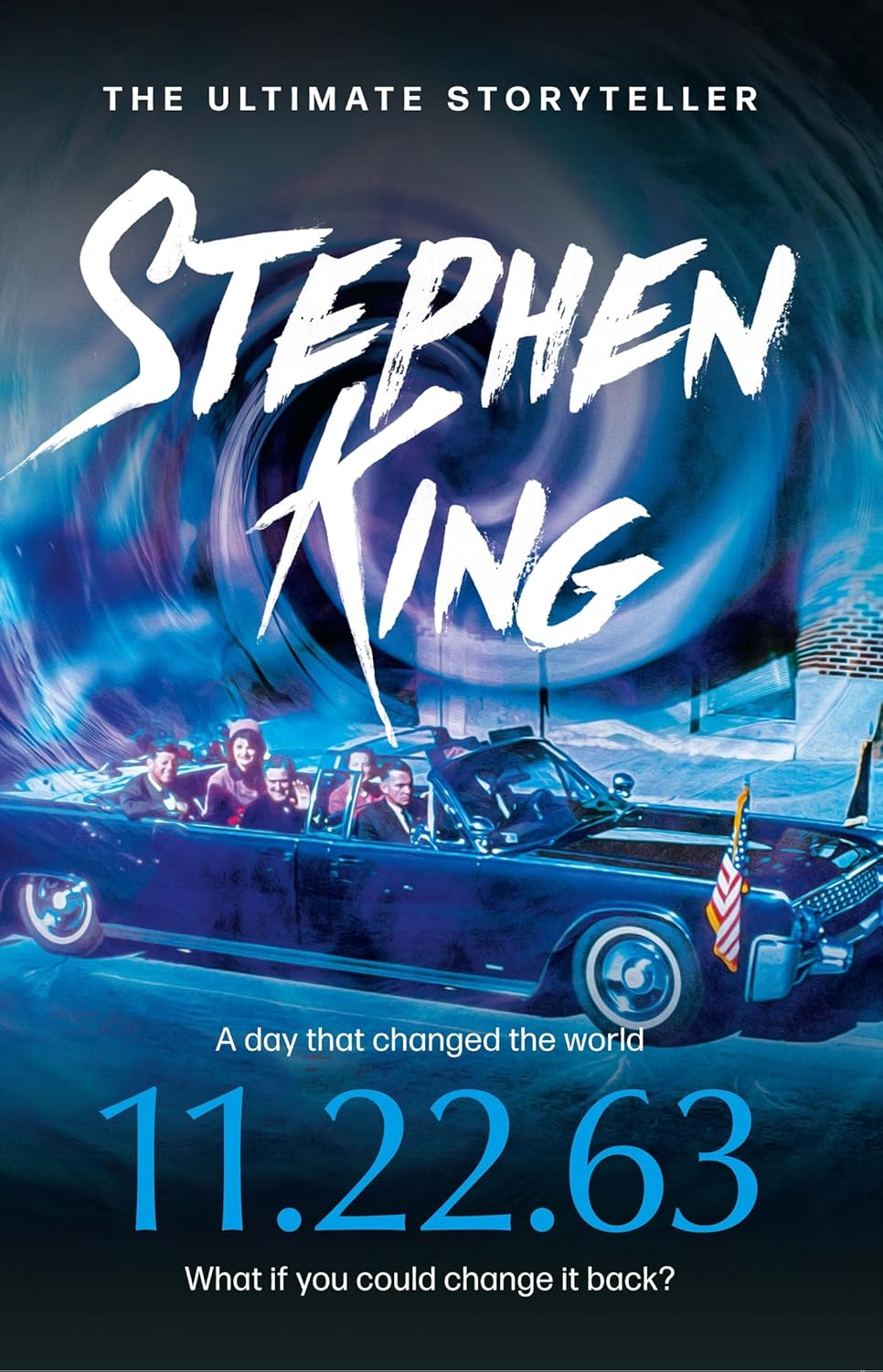 Book cover of '11.22.63' by Stephen King featuring a blue car and people inside.