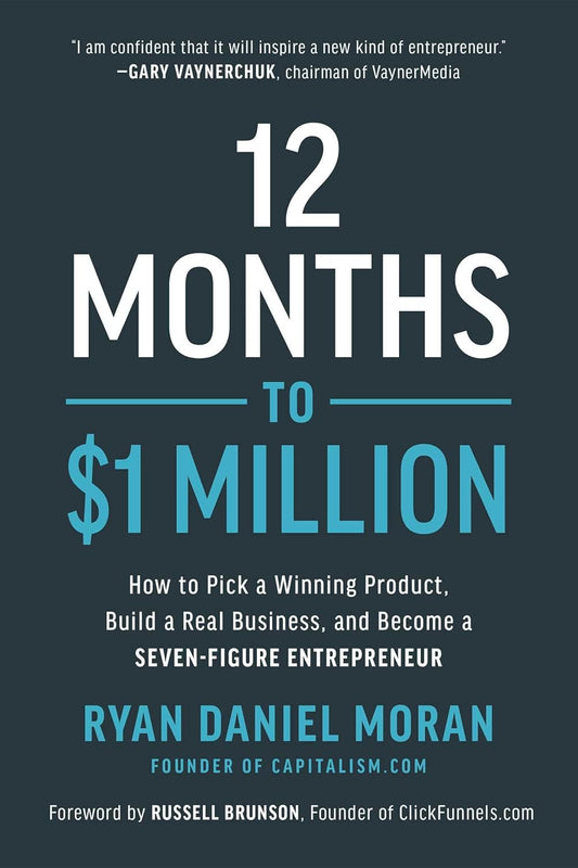 Book cover of '12 Months to $1 Million' by Ryan Daniel Moran with a dark background and white text.
