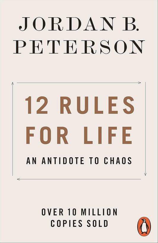Book cover of '12 Rules for Life' by Jordan B. Peterson with a beige background.