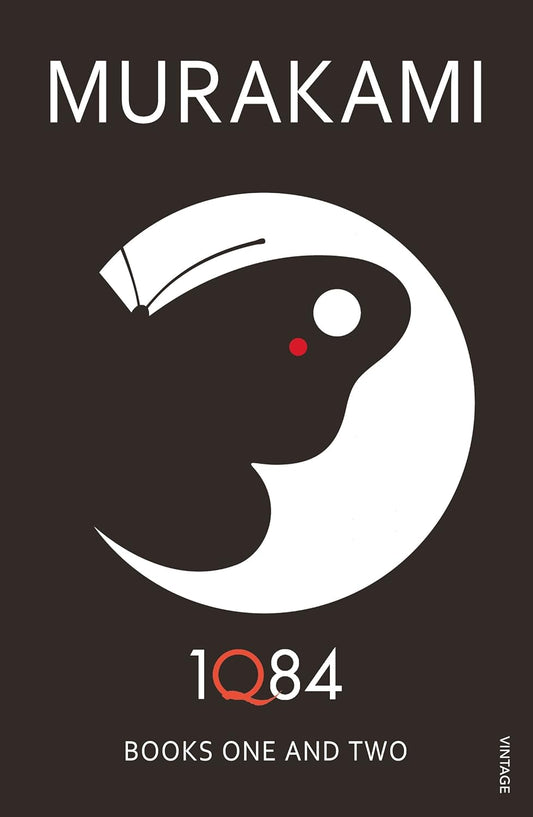 Book cover of '1Q84' by Haruki Murakami with a minimalist design on a black background.Price in Bangladesh.