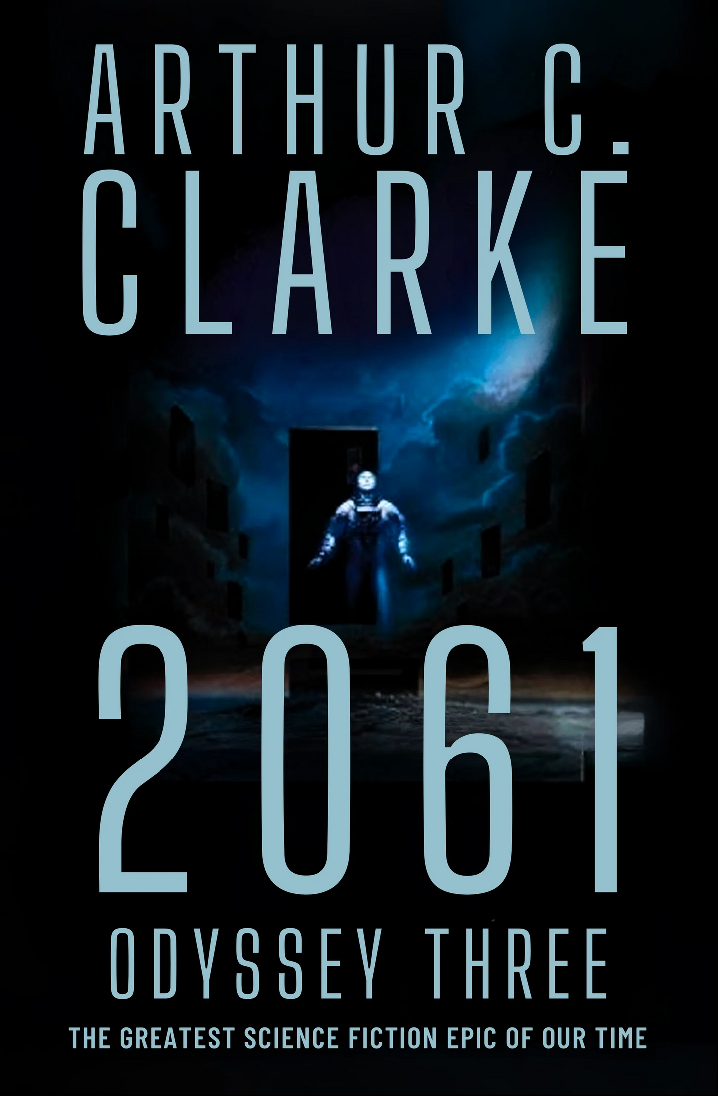 Book cover of '2061 Odyssey Three' by Arthur C. Clarke with a silhouette of a person on a dark background. book in bd.