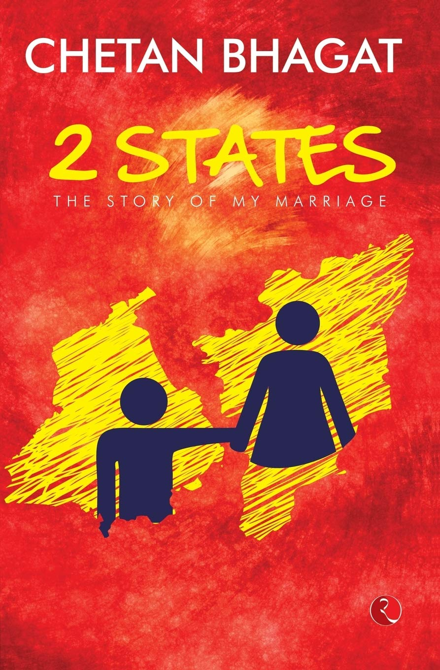 Book cover of '2 States: The Story of My Marriage' by Chetan Bhagat with a red background and yellow map outline.